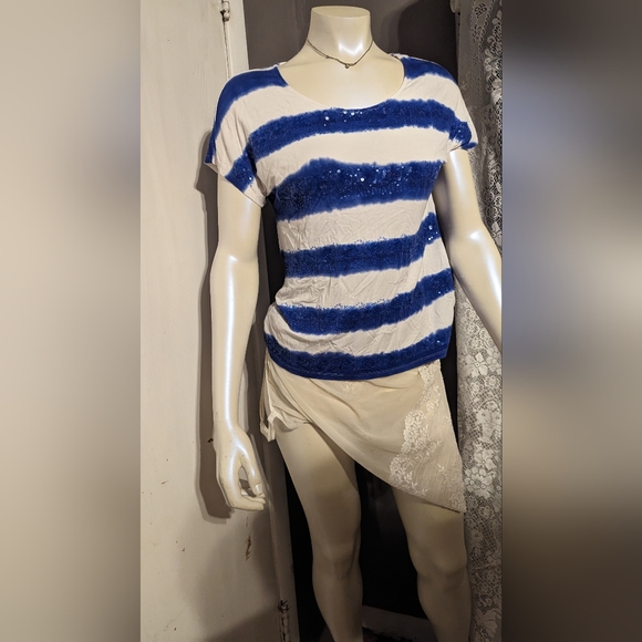 Stretchy Coldwater creek sequin nautical striped blue top small summer club - Picture 6 of 7